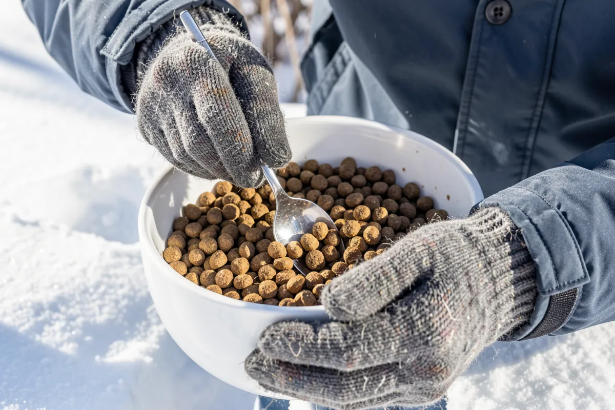 Préparation de la ration quotidienne d'un chien senior en extérieur en hiver.