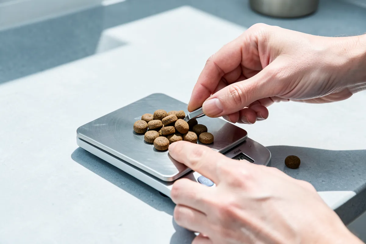 Une main pesant avec précision une ration de croquettes pour un chien stérilisé.