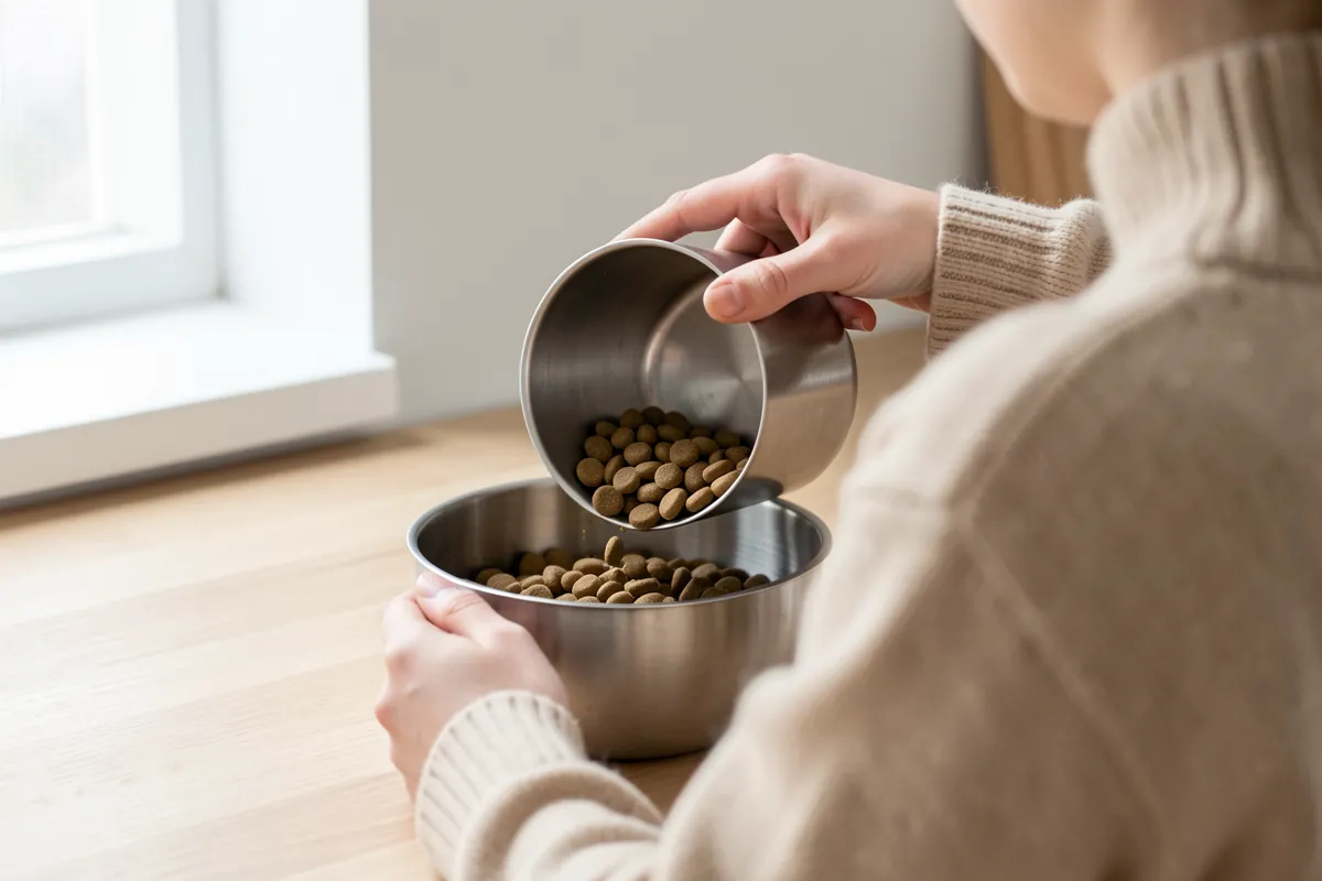 Une main remplissant une gamelle avec une mesure en inox pour doser les croquettes.