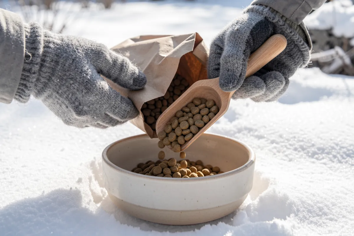 Mains versant des croquettes dans une gamelle lors d'une journée d'hiver.