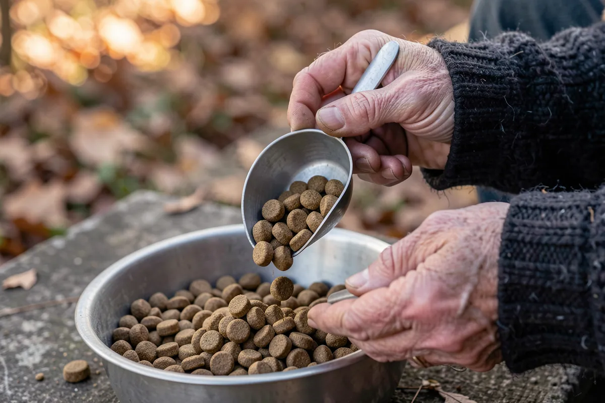 Les mains d'une personne mesurant précisément une portion de croquettes à l'aide d'une pelle.