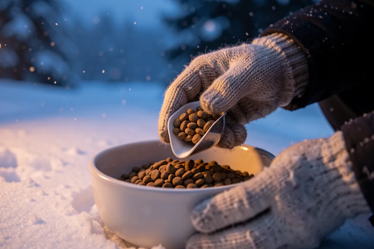 Une personne prépare une ration de croquettes pour son chien dans la neige.