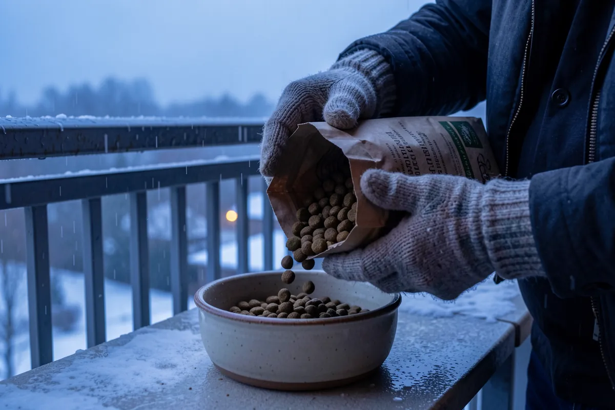 Mains mesurant des croquettes pour un chiot dans un bol en céramique, au crépuscule.
