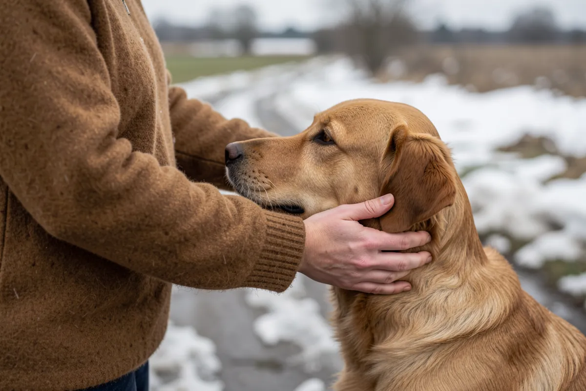 Un propriétaire caresse son chien avec bienveillance lors d'une séance dans la nature.