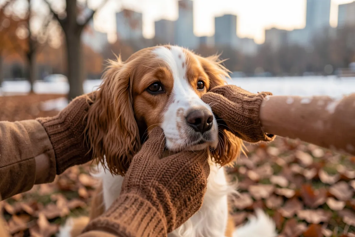 Un maître éduquant son épagneul breton avec douceur dans un parc en automne.