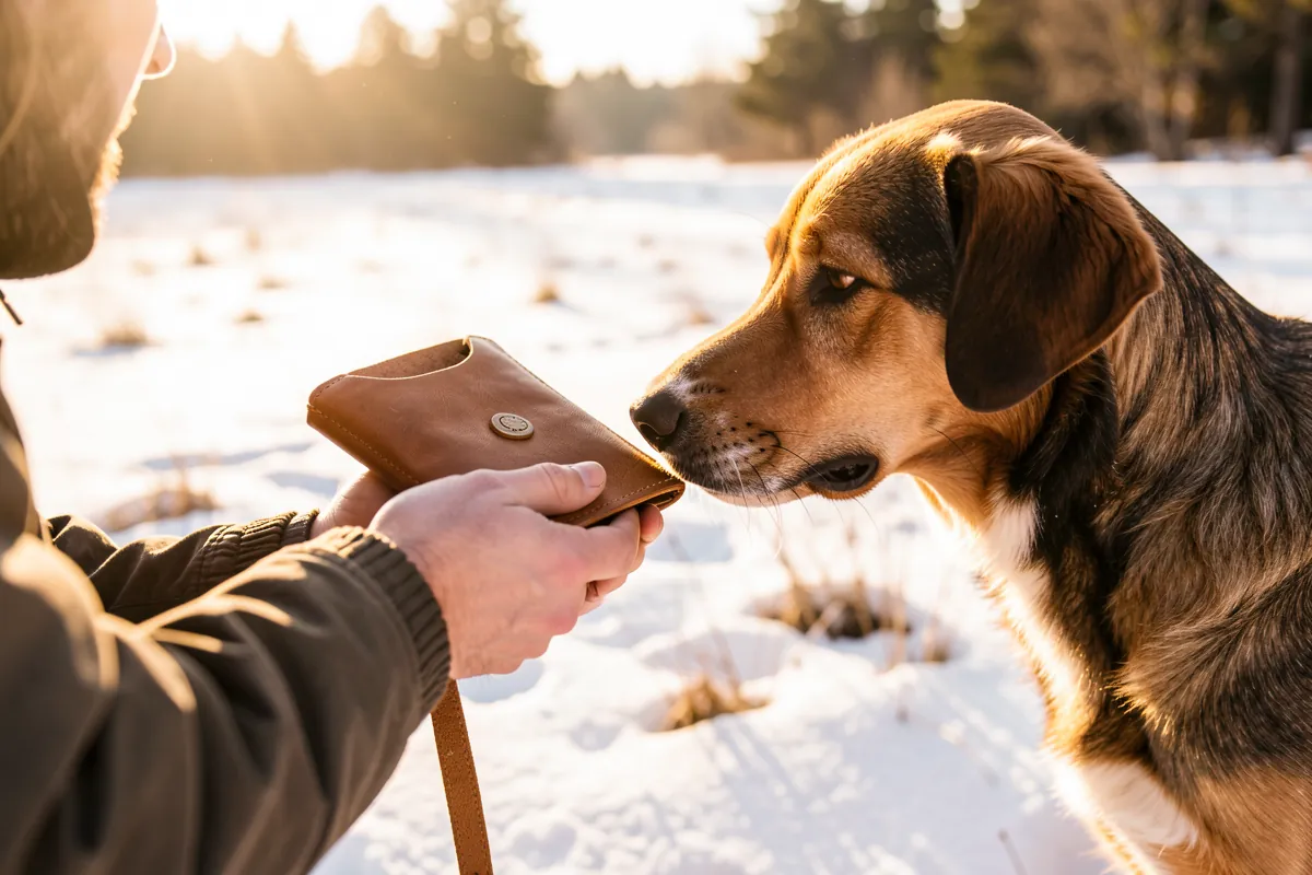 Un maître récompense son chien pendant une séance de dressage en extérieur.