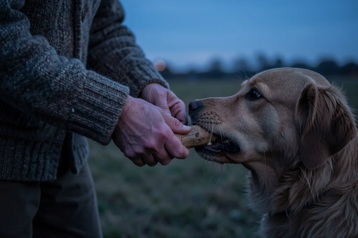Les mains d'un éducateur canin récupérant un objet de rapport dans la gueule du chien.