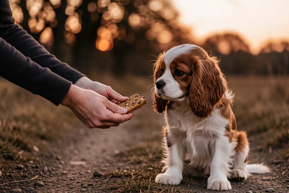 Un maître récompense son chiot Cavalier King Charles lors de l'apprentissage de la propreté.