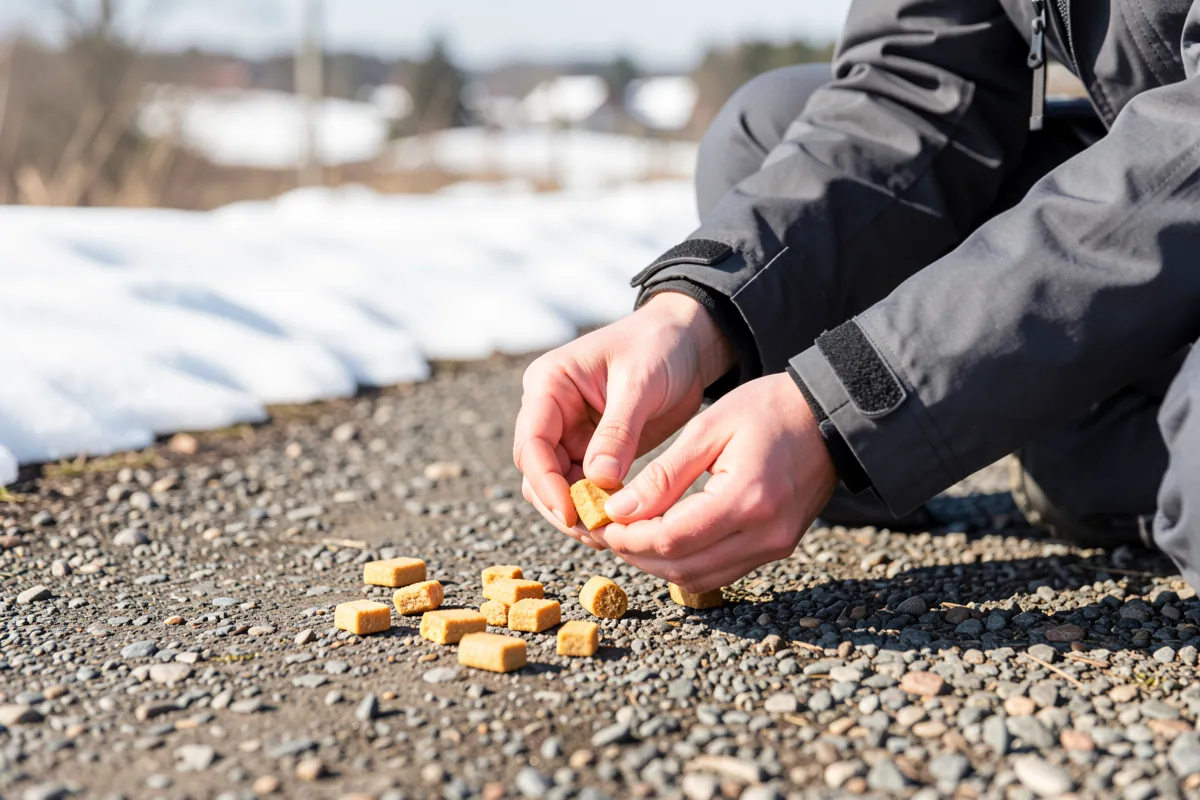 Mains coupant une friandise molle en petits morceaux pour une séance d'éducation.