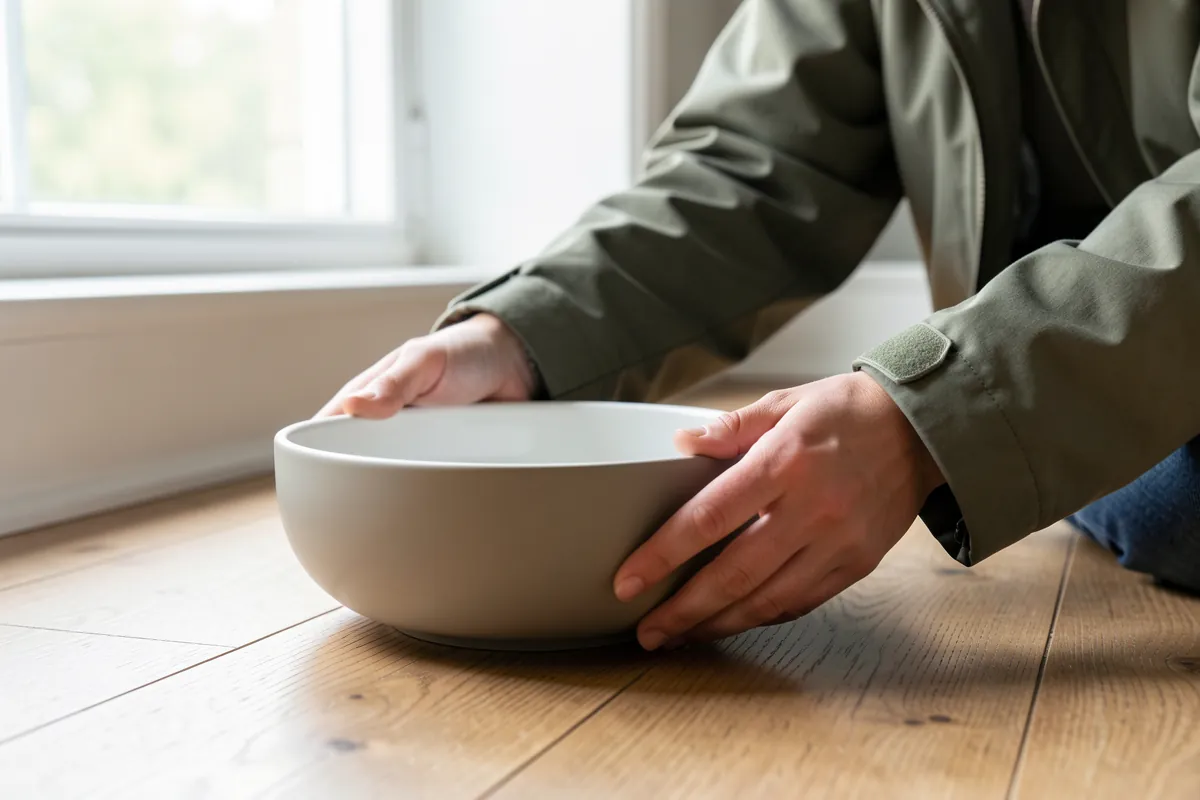 Mains déposant une gamelle anti-glouton au sol pour le repas du chien.