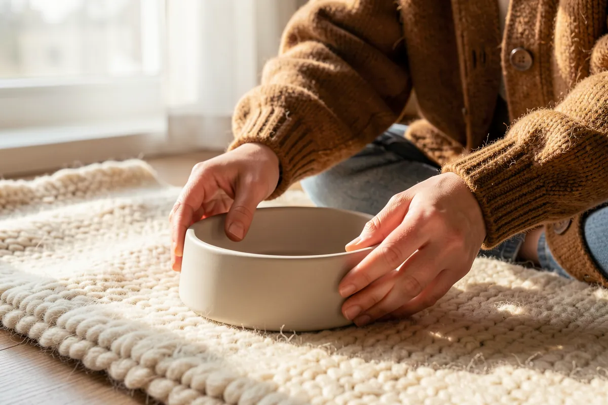 Des mains posant délicatement une gamelle pour chien sur un tapis douillet pour le repas.