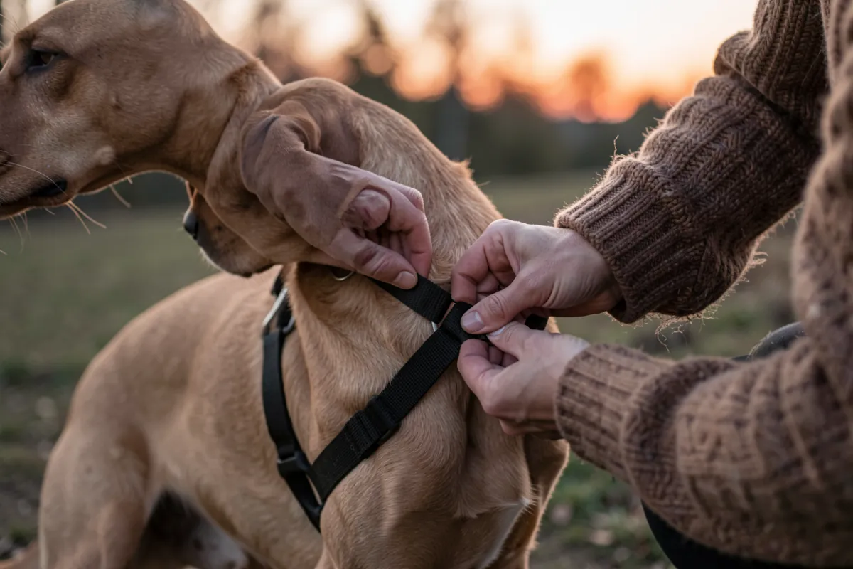Mains ajustant les sangles d'un harnais sur un chien lors d'une promenade.