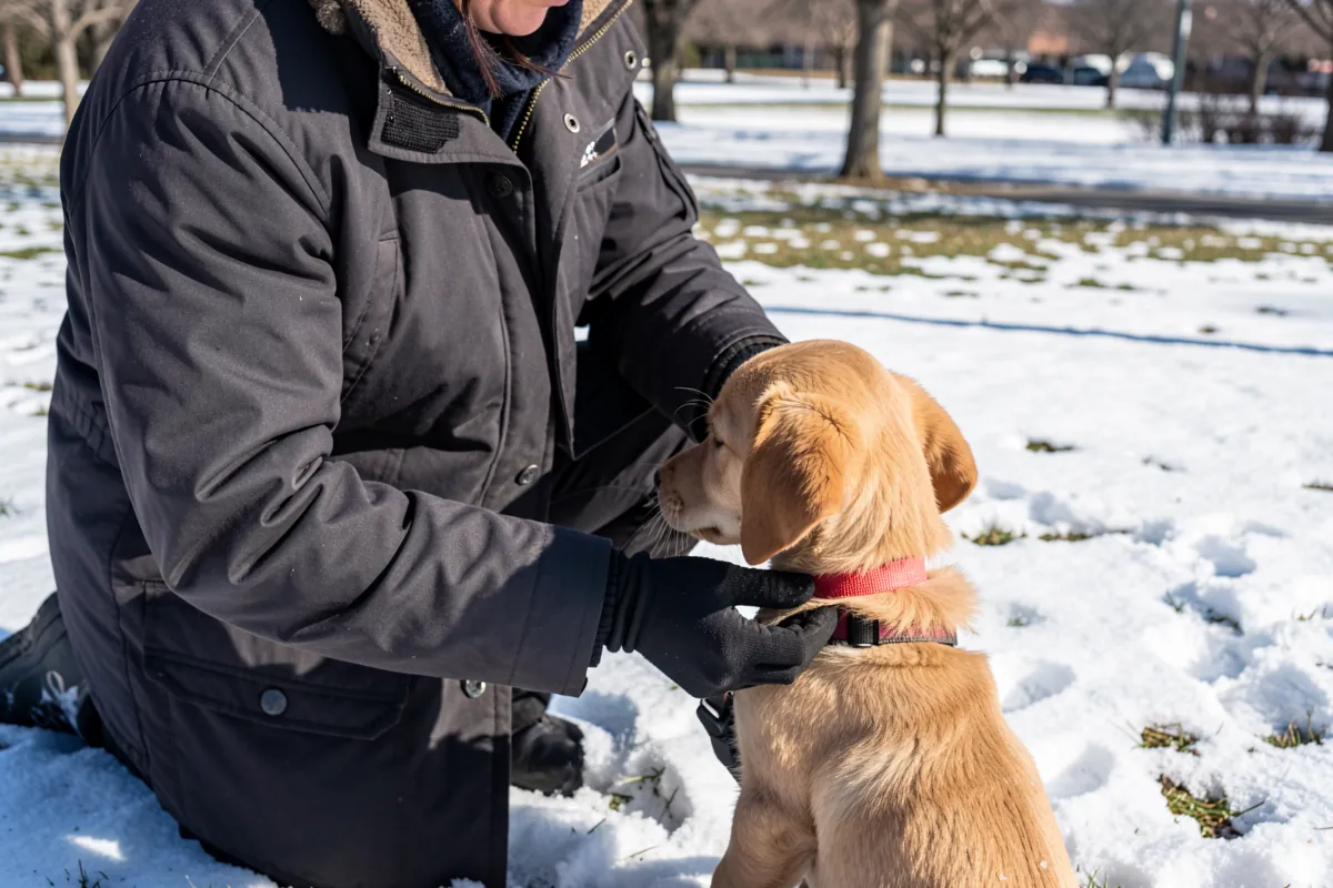 Une personne ajustant les sangles d'un harnais sur son chiot lors d'une promenade hivernale.