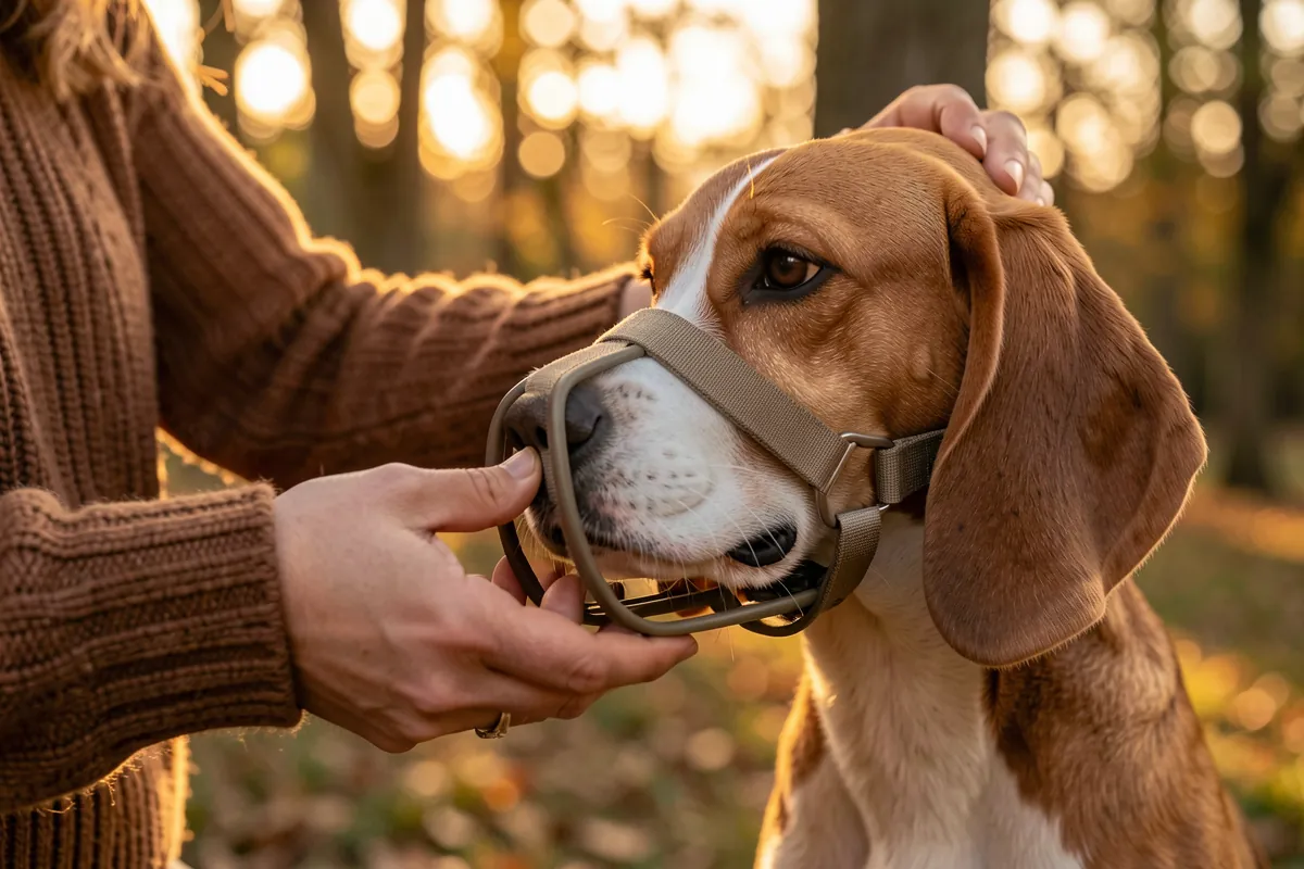 Une personne ajuste avec douceur une muselière sur un chien Beagle.