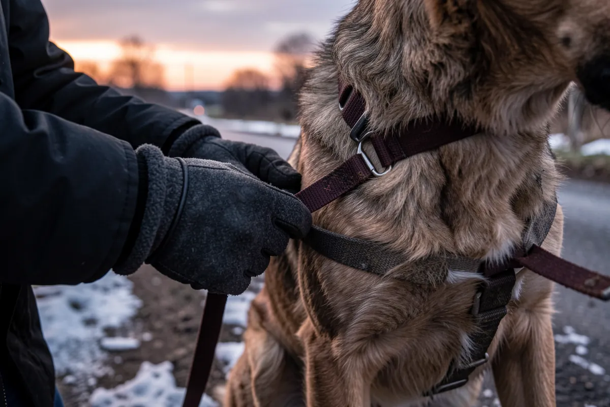 Une personne ajuste manuellement la sangle d'un harnais sur son chien.