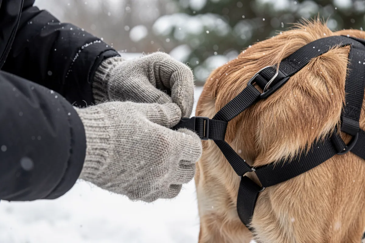 Réglage manuel des sangles d'un harnais pour chien lors d'une sortie hivernale.