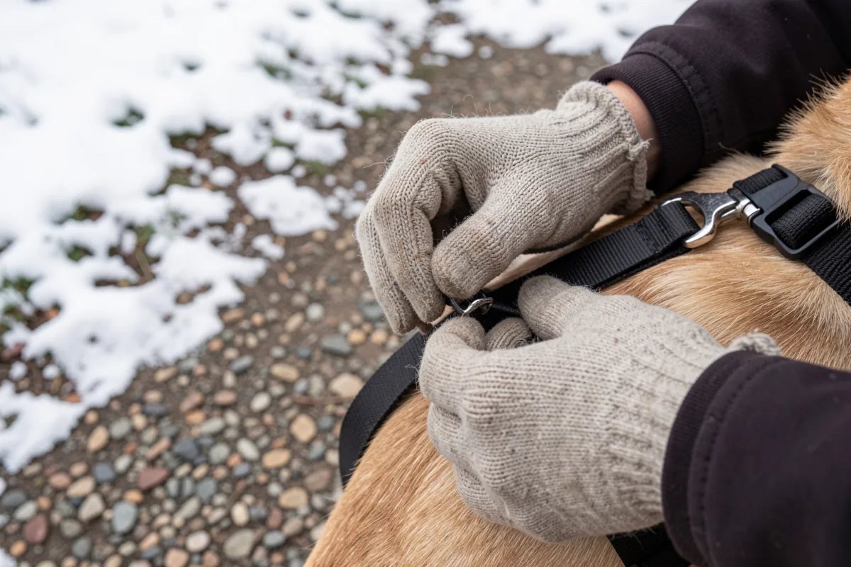 Main ajustant avec soin la sangle de réglage d'un harnais sur le dos d'un chien.