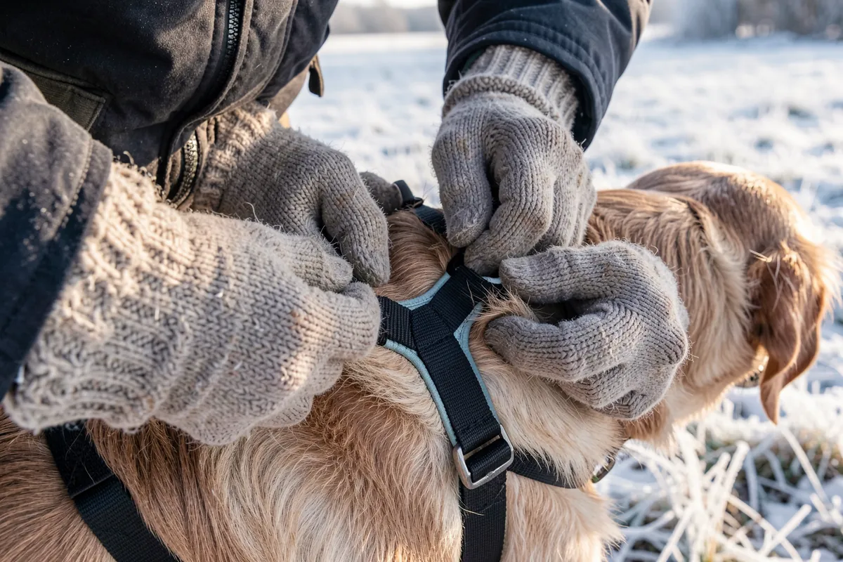 Mains gantées ajustant les sangles d'un harnais en Y sur un chien avant la promenade.