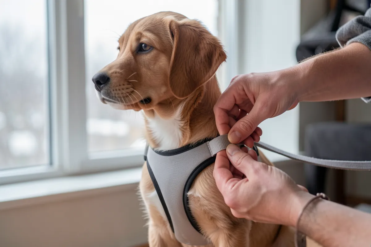 Apprentissage en douceur : ajustement du harnais sur un chiot calme.