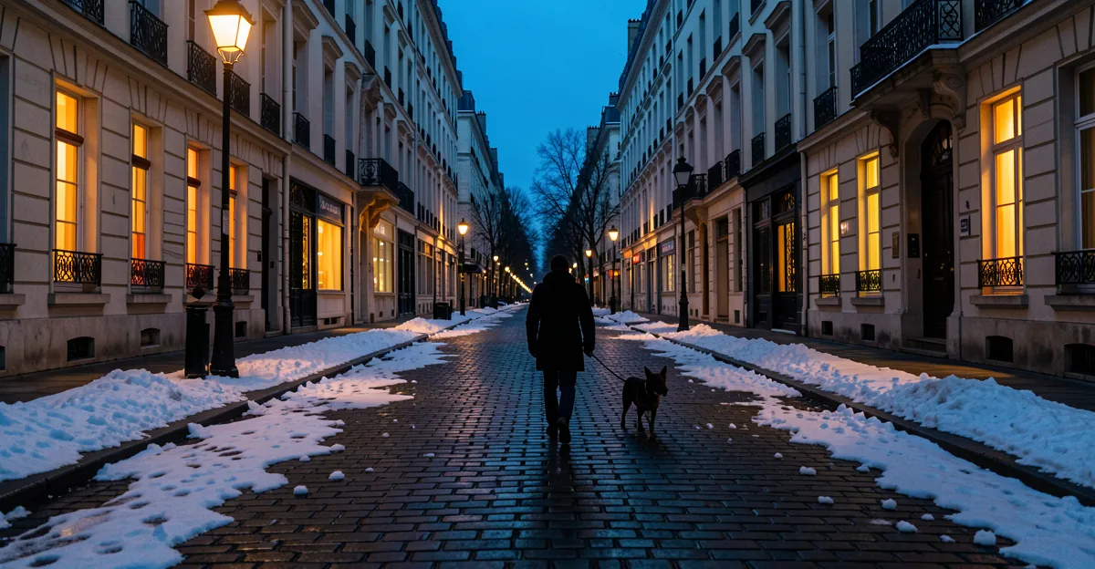 Une rue citadine enneigée au crépuscule pour illustrer l'importance d'une assurance chien.