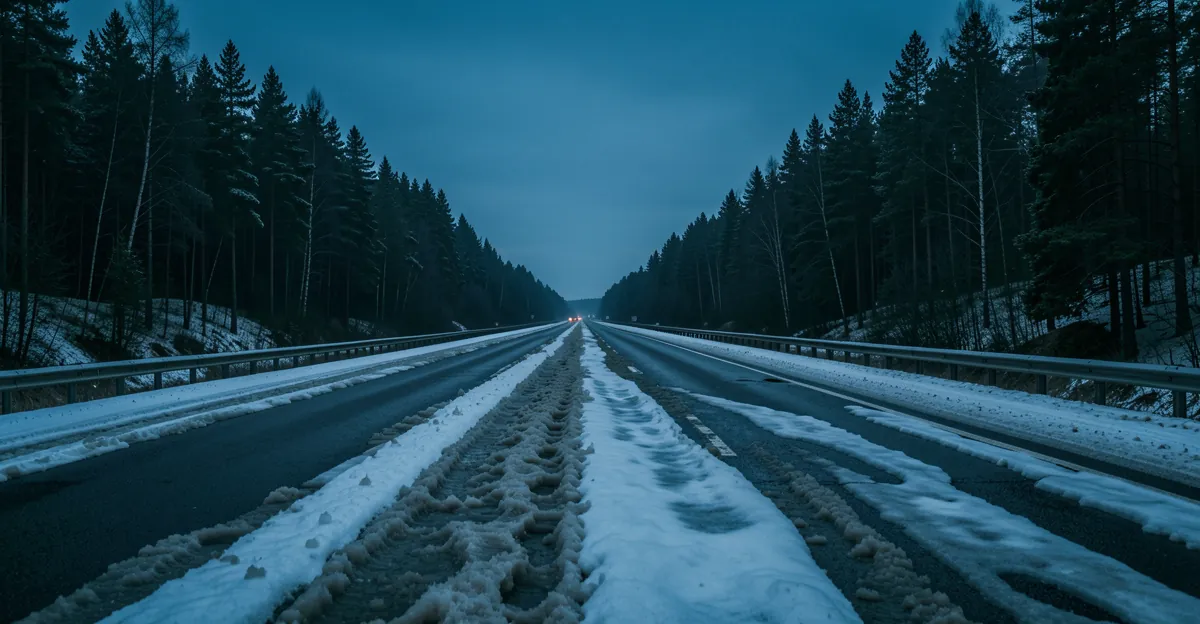 Route forestière sous un ciel de fin de journée, idéale pour choisir une friandise pour chien allergique.
