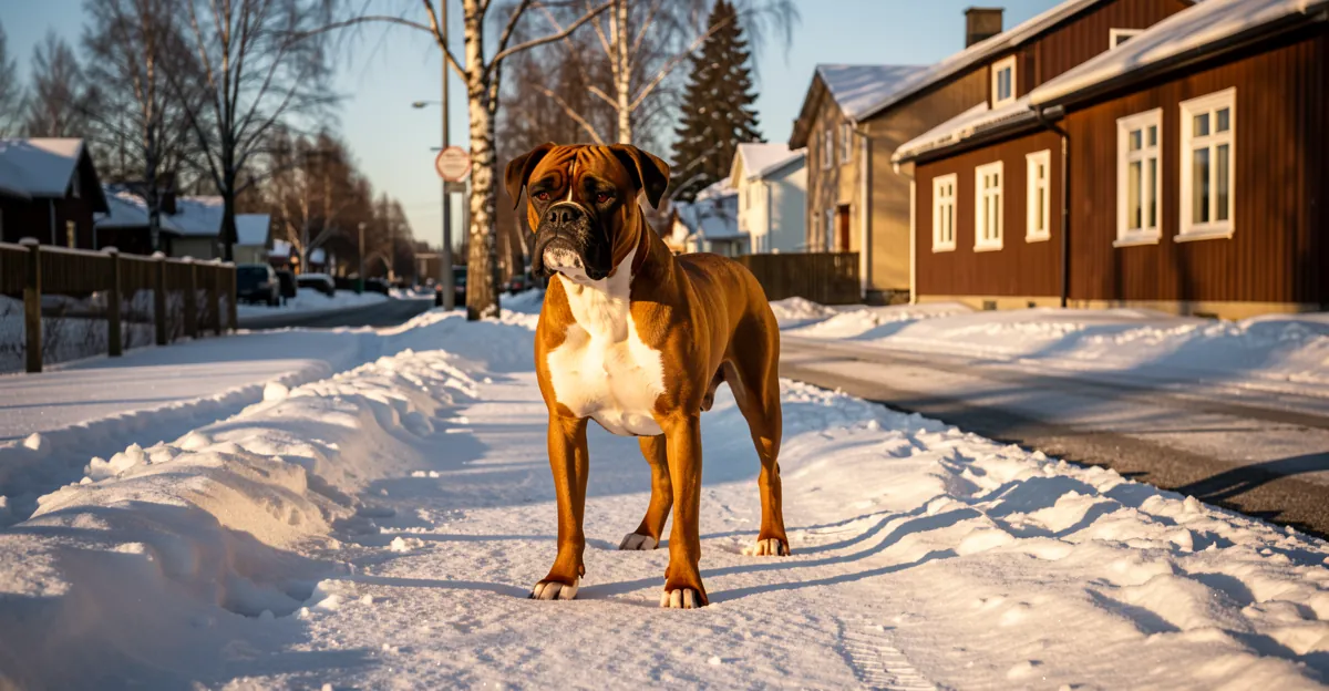 Le caractère chien boxer se révèle dans son énergie dynamique en plein hiver.
