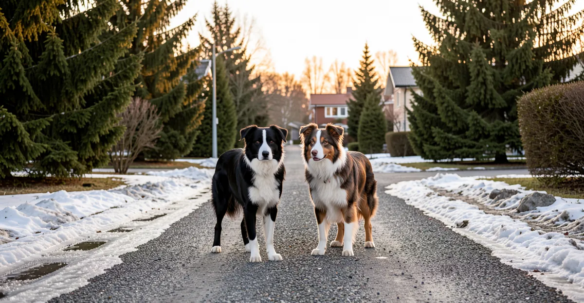 Un border collie vs berger australien dans une rue finlandaise en fin d'hiver.