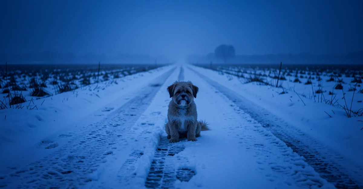 Un petit chien sur une route enneigée illustrant le choix d'un collier anti aboiement pour petit chien