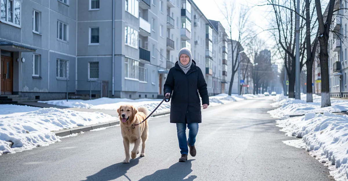 Une personne promène son chien avec un collier chien adapté dans une rue enneigée.