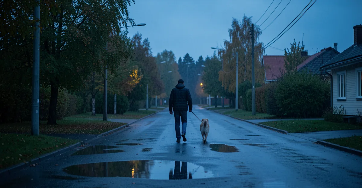 Une personne promène son chien dans une rue finlandaise sous la pluie, collier chien rappel.