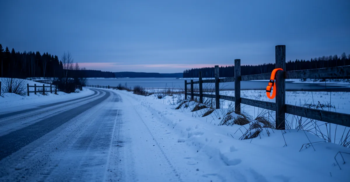 Un collier chien de chasse haute visibilité posé sur une clôture au bord d'un lac en hiver.