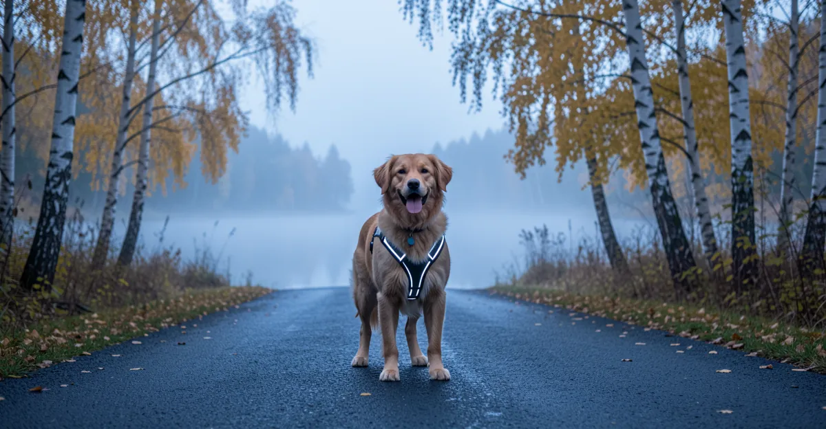 Un chien portant un harnais lumineux chien sur une route de bord de lac en automne.