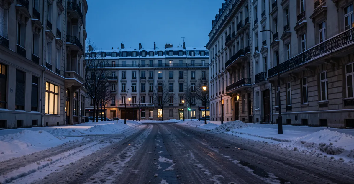 Rue enneigée en ville lors d'une soirée bleue, idéale pour la propreté chiot 2 mois.
