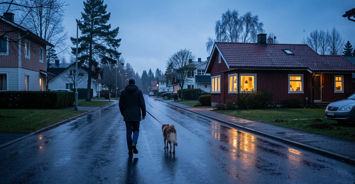 Une rue résidentielle sous la pluie, cadre idéal pour utiliser un coupe griffe pour chien.