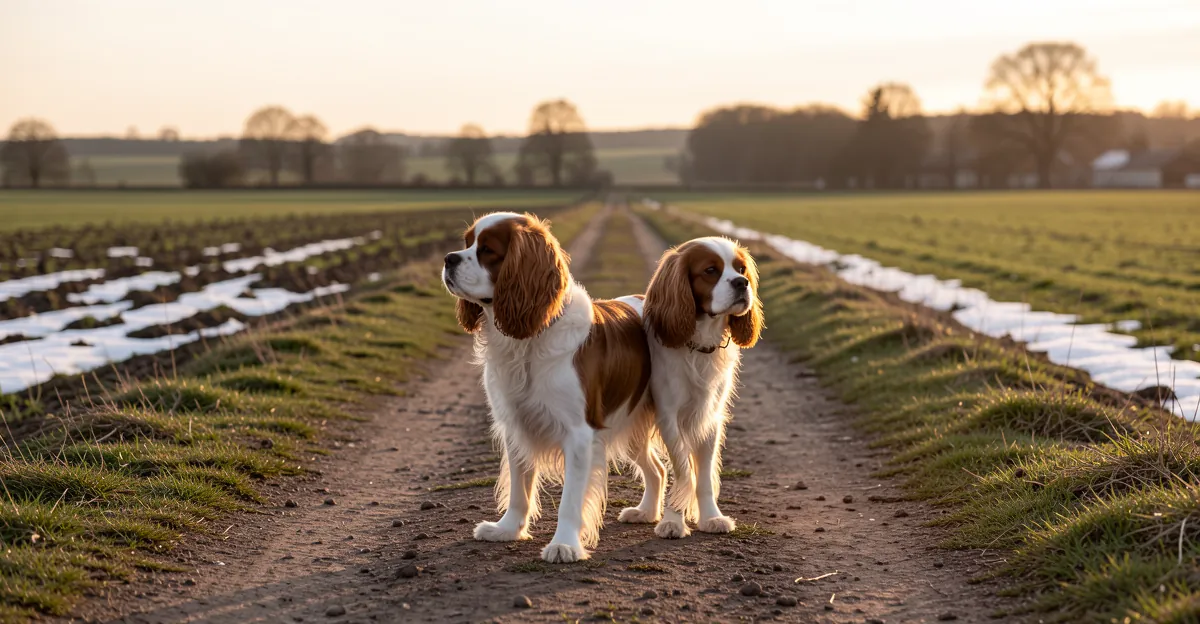 Un Cavalier King Charles sur un chemin rural pour choisir sa croquette cavalier king charles.