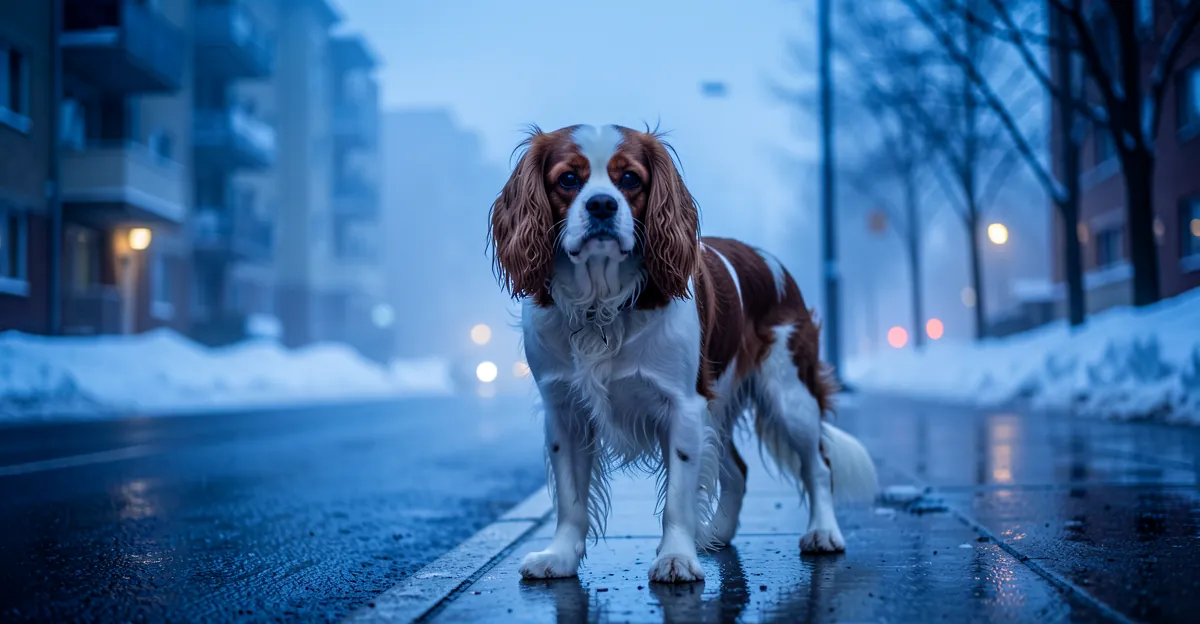 Cavalier King Charles sur un trottoir humide, illustrant la quantité croquette cavalier king charles