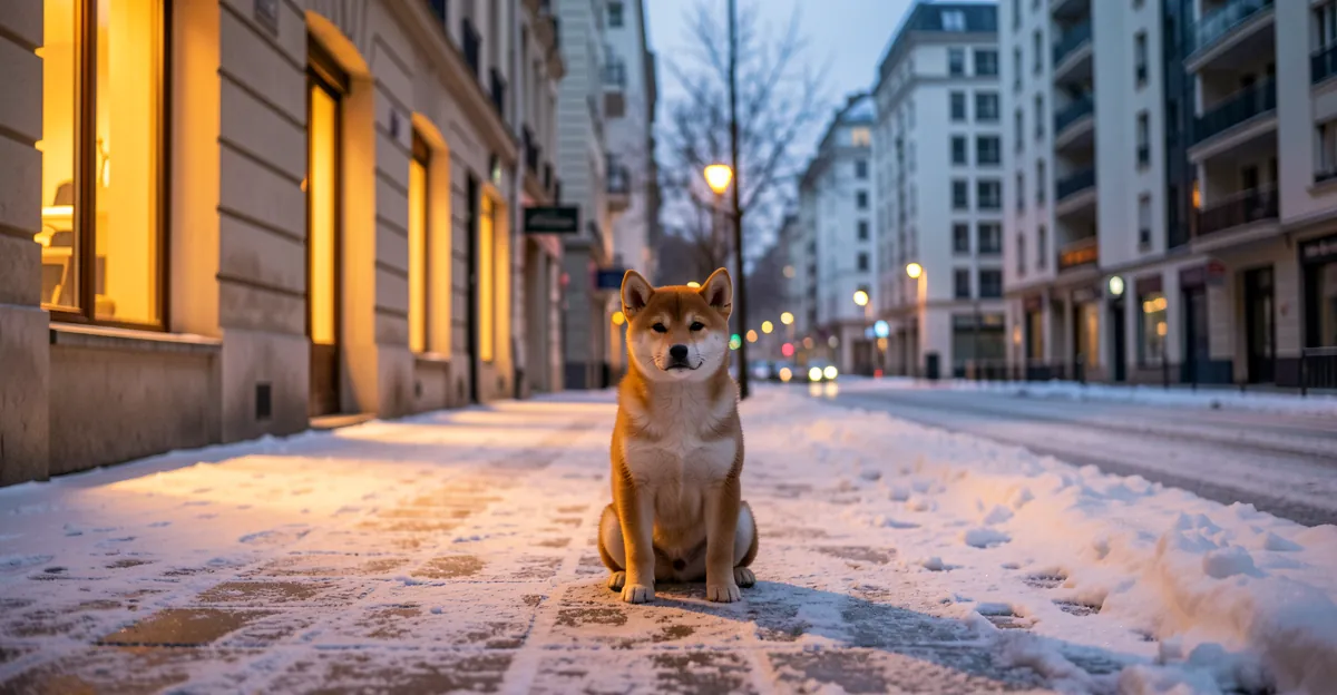 Un chiot Shiba Inu dans la neige pour illustrer la quantité croquette chiot shiba inu idéale.