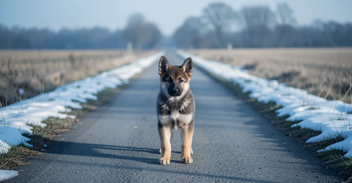 Un chiot berger allemand sur un chemin rural pour choisir une croquette chiot berger allemand.