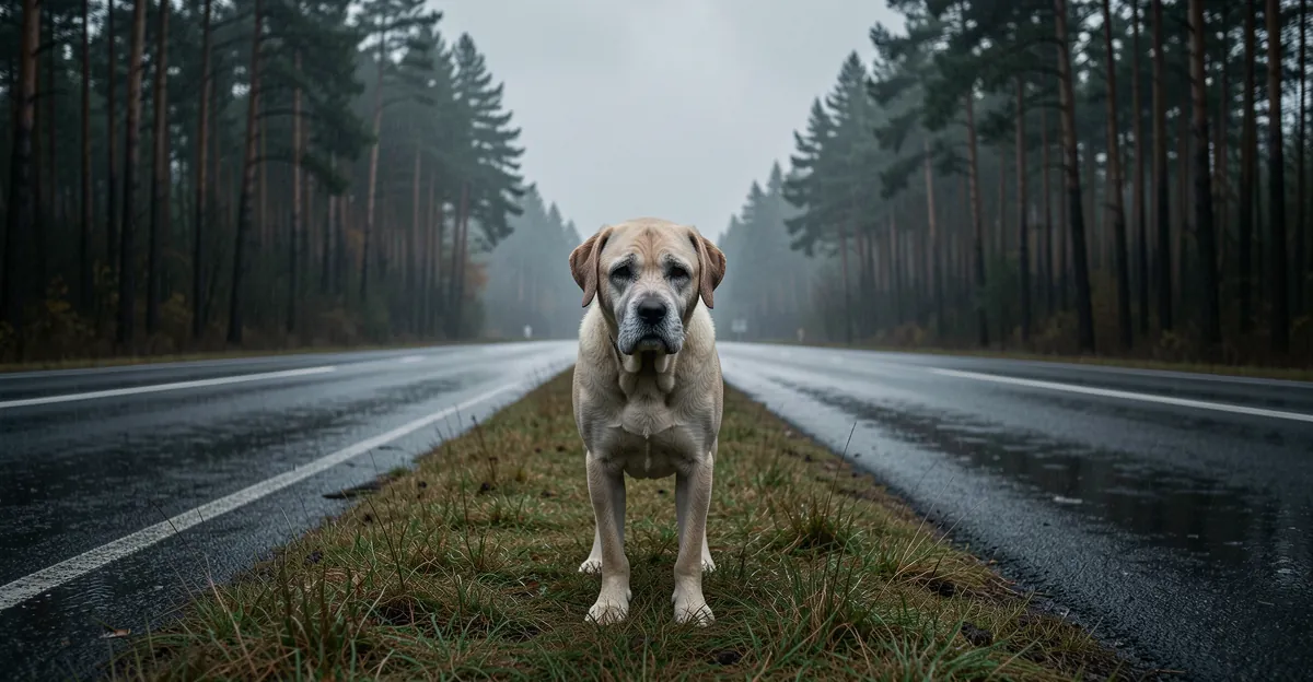 Portrait d'un chien âgé sur le bord de route pour illustrer les croquettes chien senior.