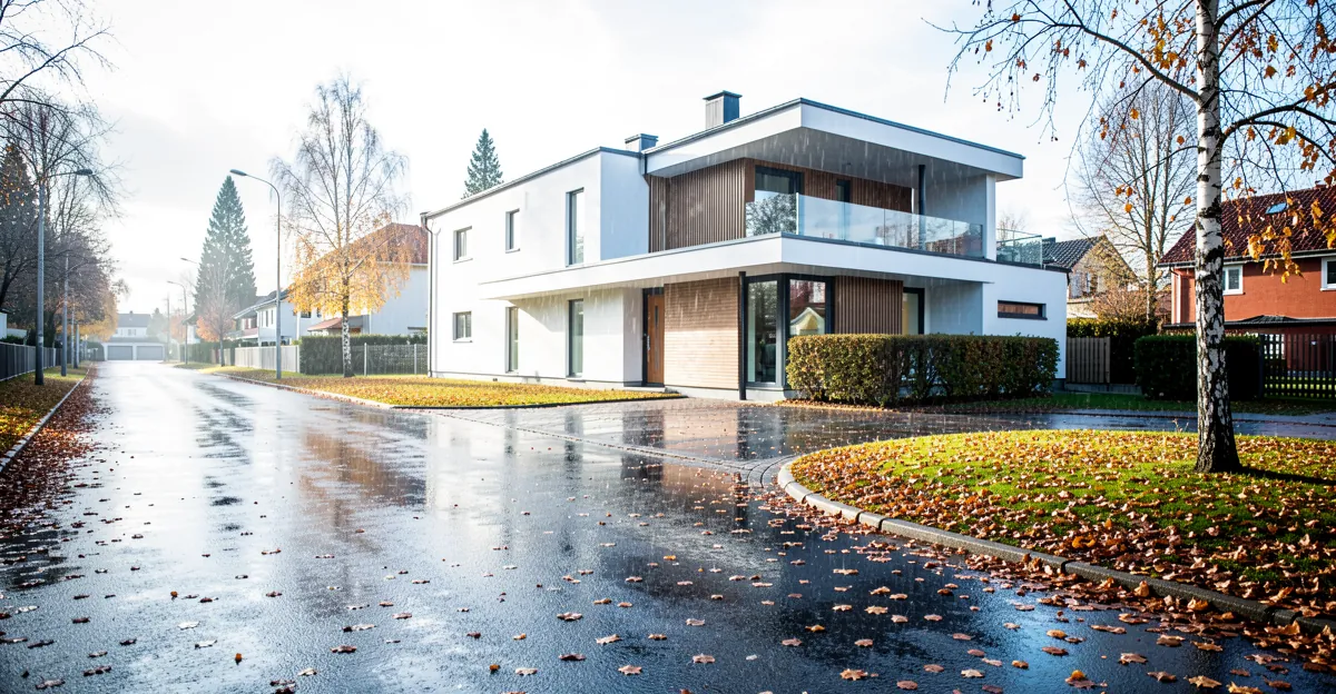 Rue résidentielle finlandaise en automne pour choisir ses croquettes chien stérilisé.