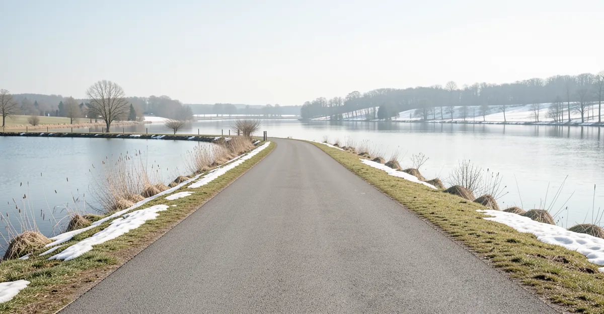 Une route de campagne bordant un lac, idéale pour bien choisir ses croquettes petit chien stérilisé.