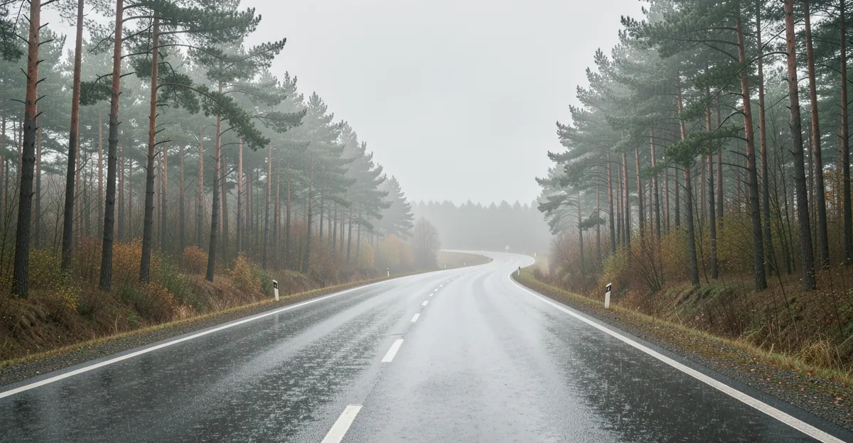 Route forestière sous la pluie, idéale pour les croquettes pour chien stérilisé en surpoids