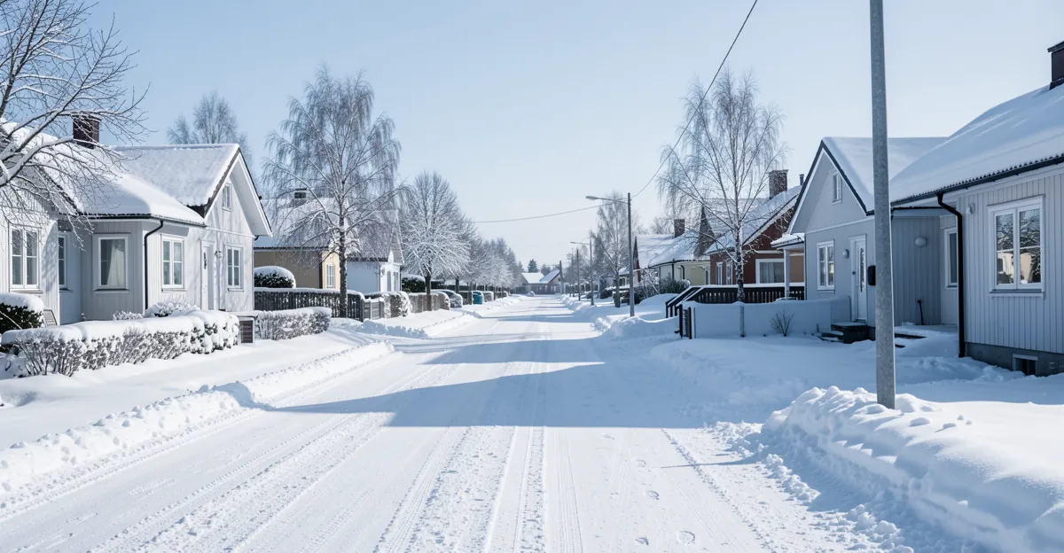 Rue résidentielle finlandaise enneigée pour bien choisir ses croquettes chiot.