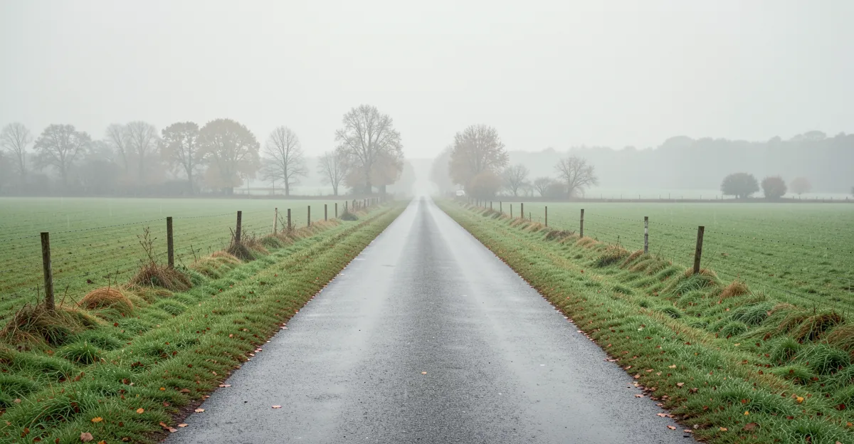 Paysage rural sous la pluie pour illustrer le choix de croquettes teckel.