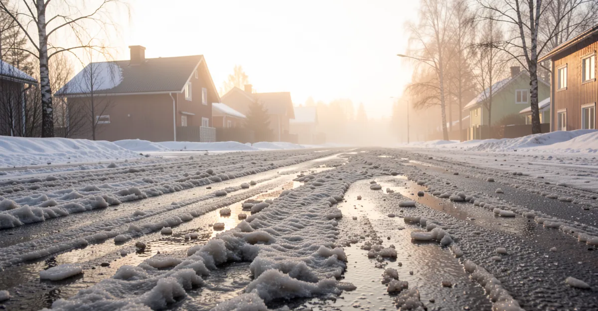 Vue d'une rue résidentielle finlandaise avec de la neige fondue, idéale pour une pâtée pour chien hypoallergénique.