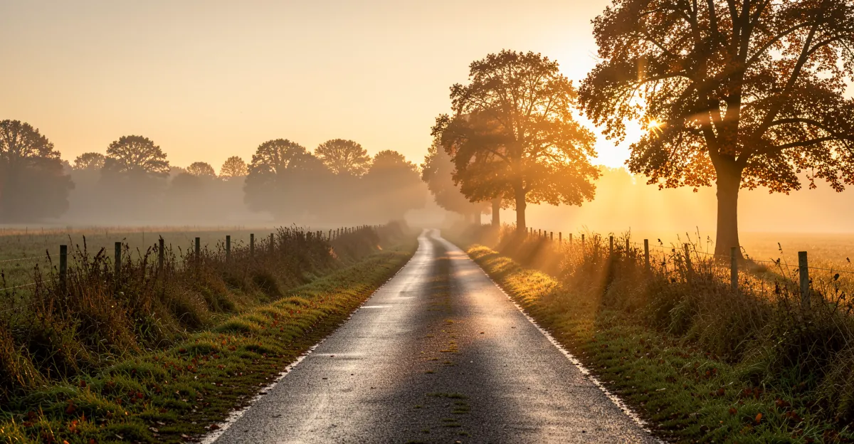 Chemin rural paisible en automne, idéal pour promenades avec des croquettes pour bouledogue français.