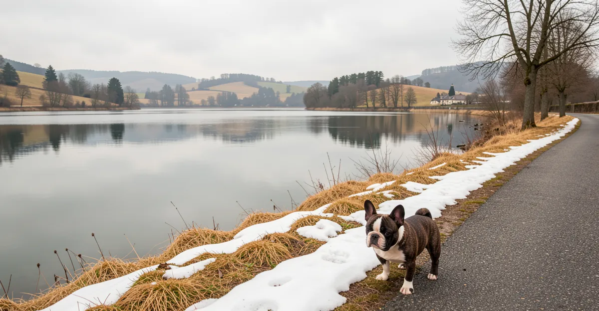 Bord de lac avec neige fondante pour des croquettes pour chiot bouledogue français.
