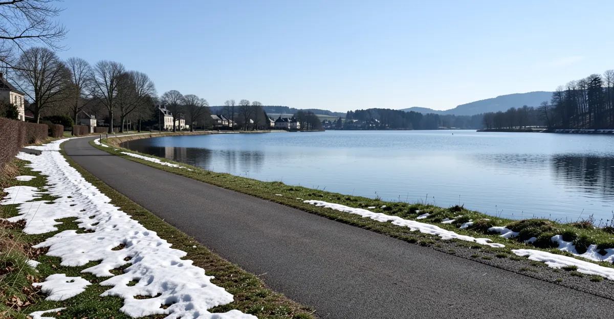 Route de campagne au bord d'un lac pour calculer la quantité de croquettes pour shih tzu.
