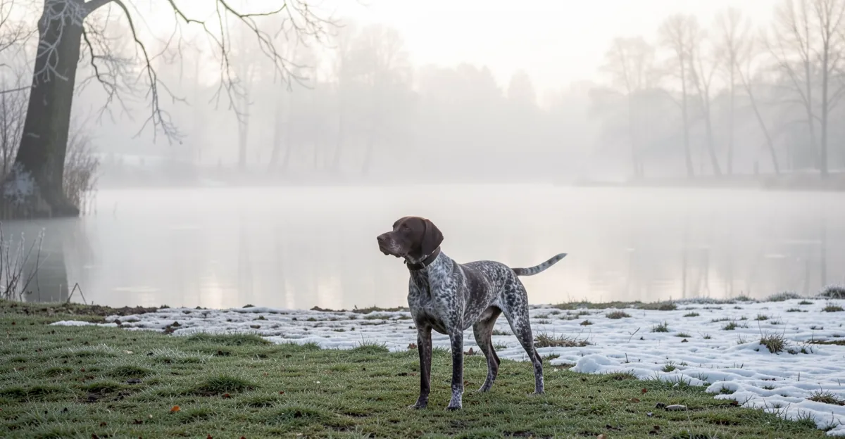 Un chien de chasse en plein dressage chien de chasse sur un sentier au bord d'un lac en hiver.