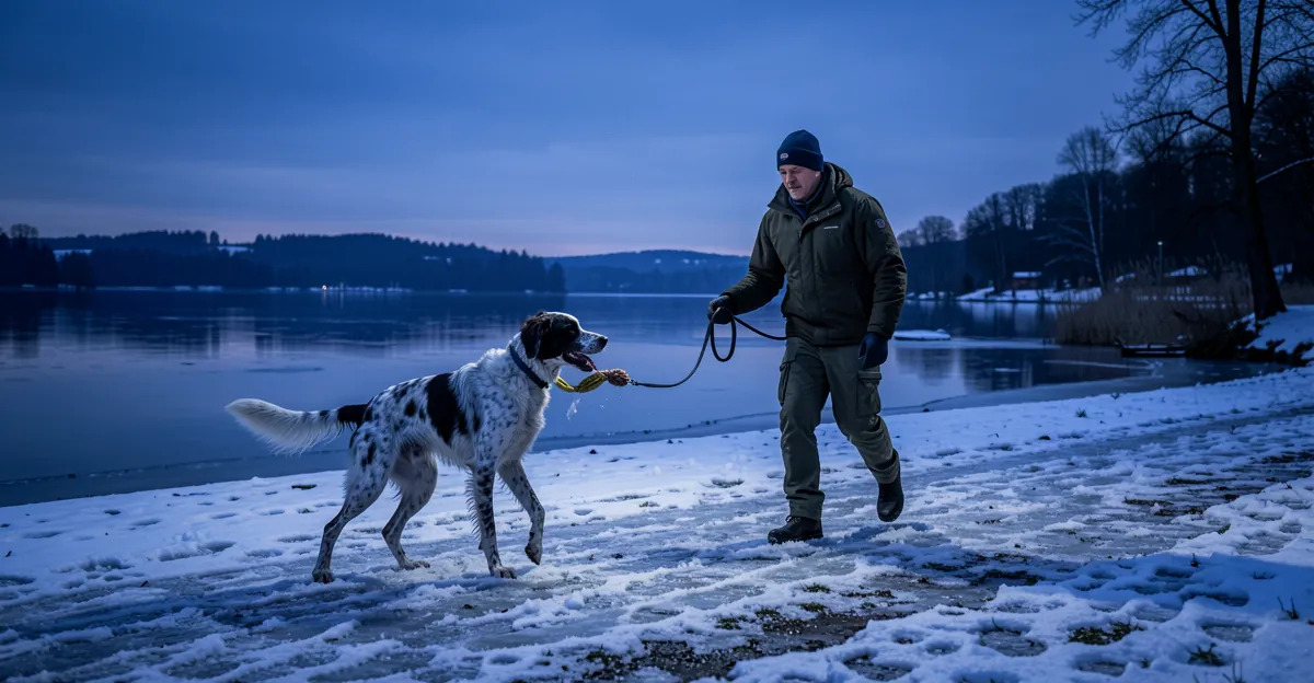 Entraînement de dressage chien chasse au rapport au bord d'un lac en hiver.